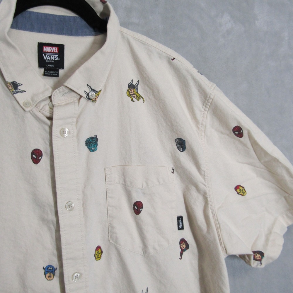 Marvel X Vans Button Up Shirt All Over Print Cream Large Short Sleeve - Picture 5 of 11